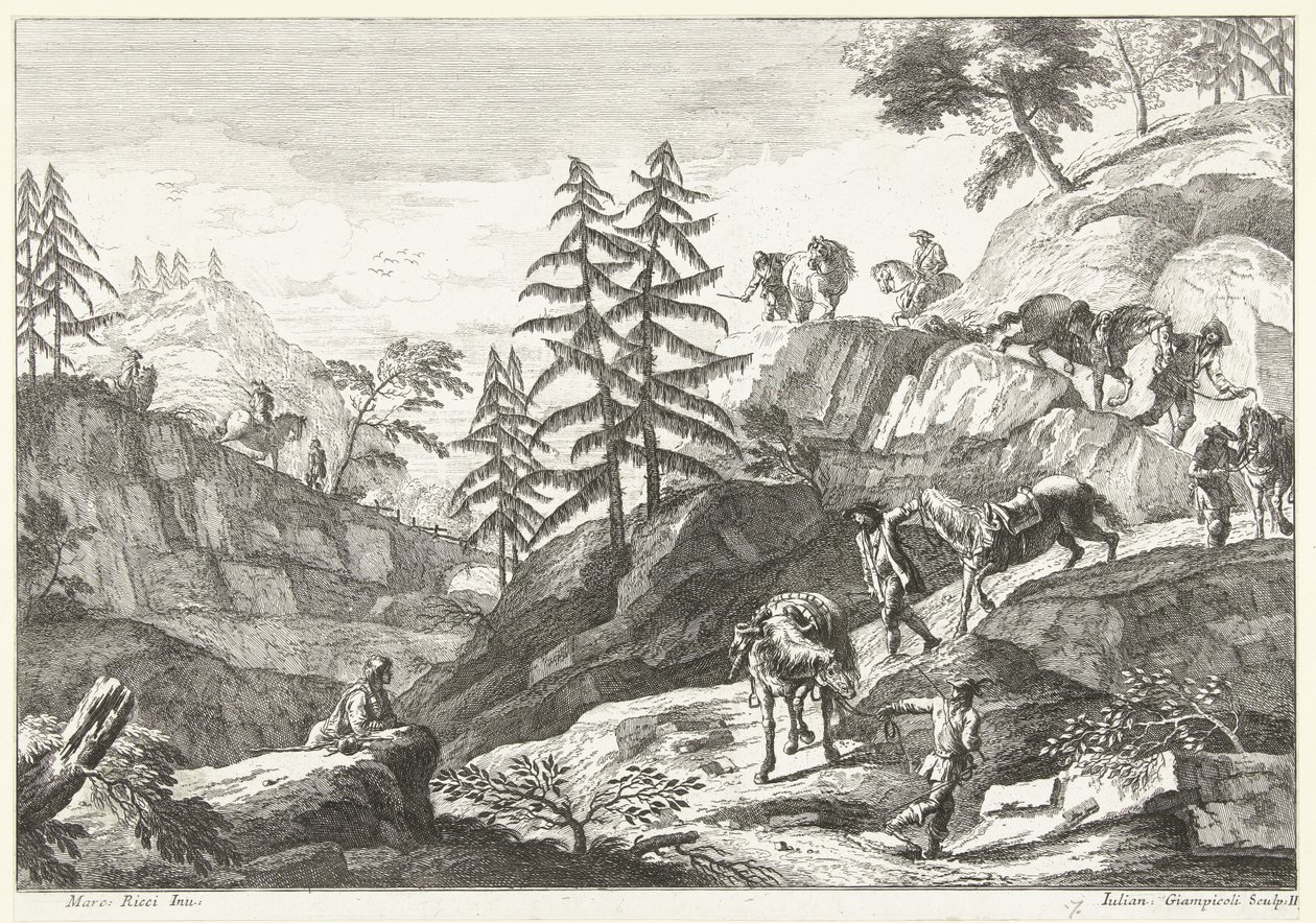Fjelllandskap med ryttere som leder hester nedover på en sti Italienske landskap (serietittel) av Giuliano Giampiccoli