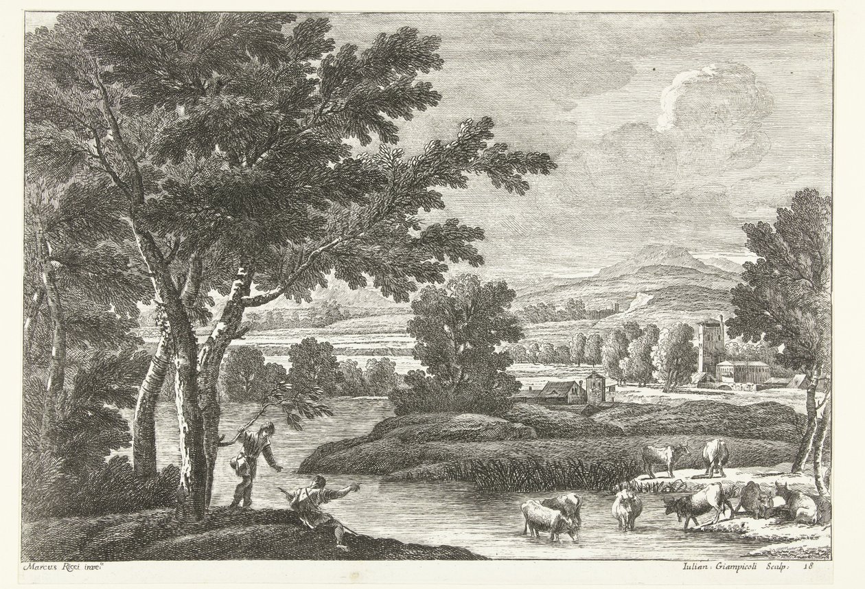 Landskap med gjetere og storfe by Water Italian Landscapes (serietittel) av Giuliano Giampiccoli