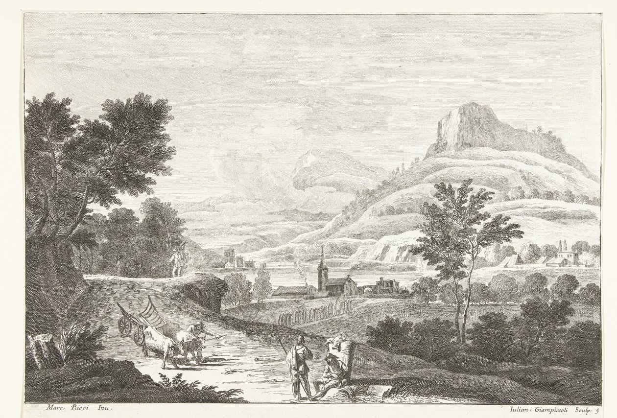 Landskap med oksekjerre og begravelse Italienske landskap (serietittel) av Giuliano Giampiccoli