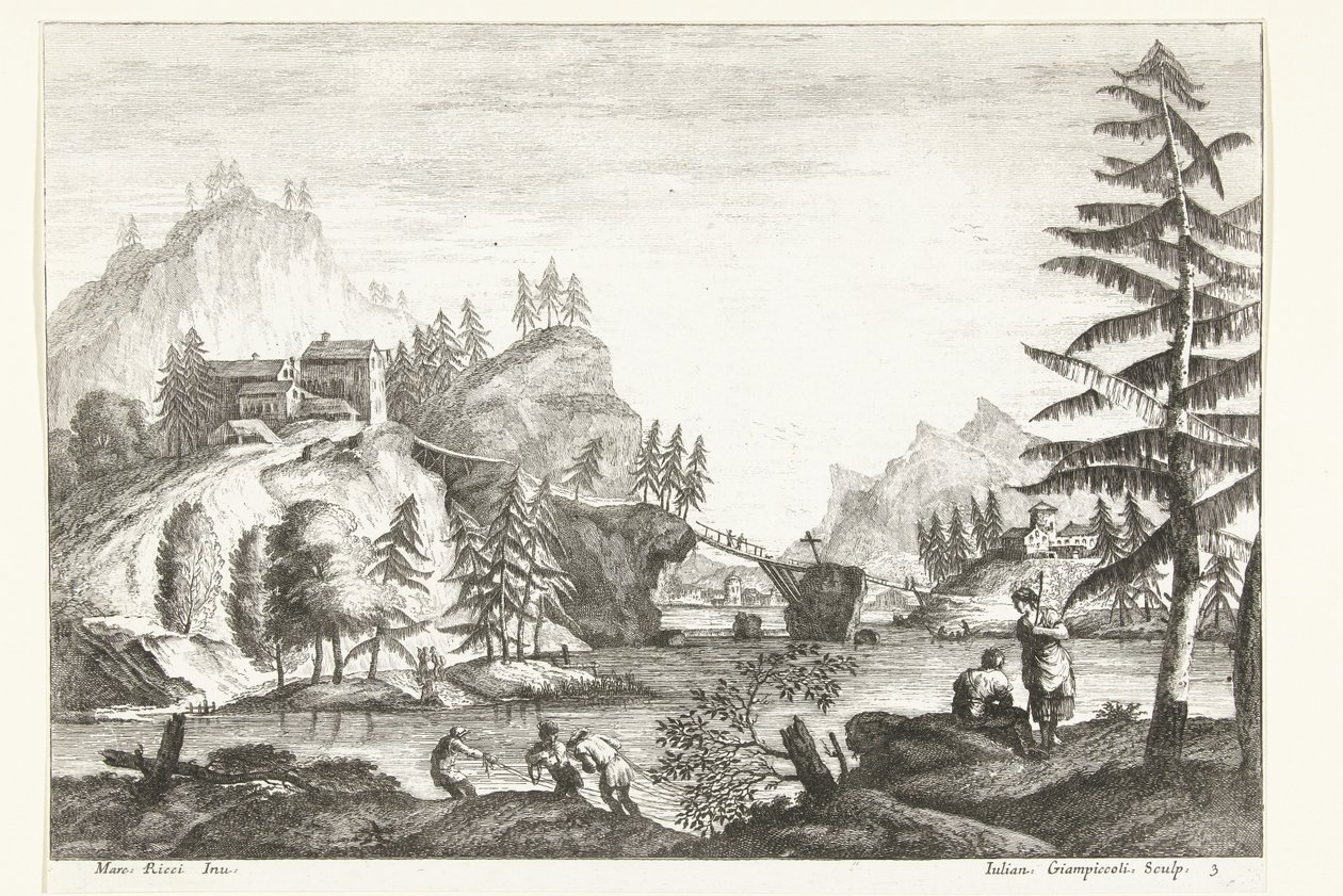 Landskap med elv og noen figurer Italienske landskap (serietittel) av Giuliano Giampiccoli