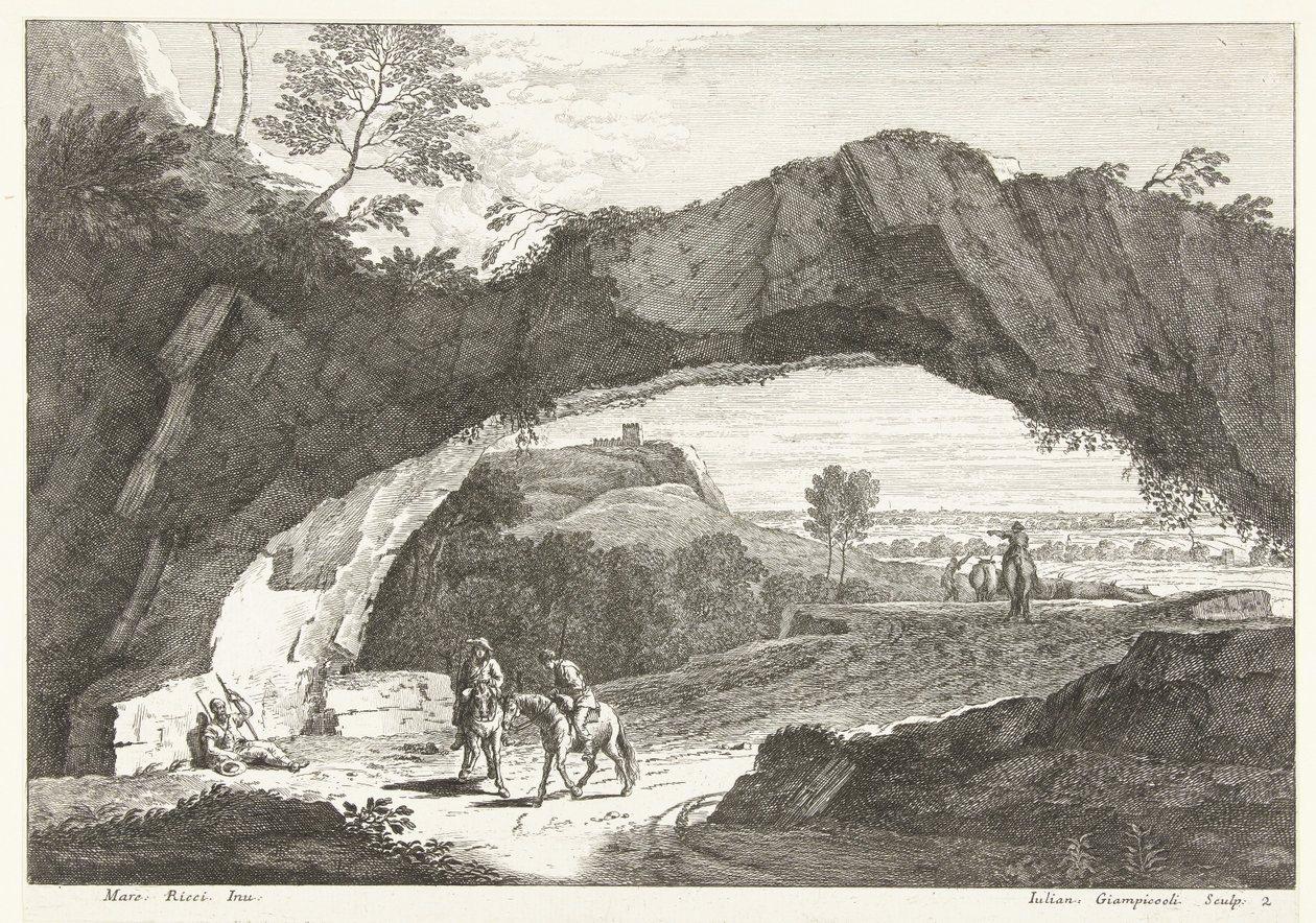 Landskap med en steinbro og noen figurer italienske landskap (serietittel) av Giuliano Giampiccoli