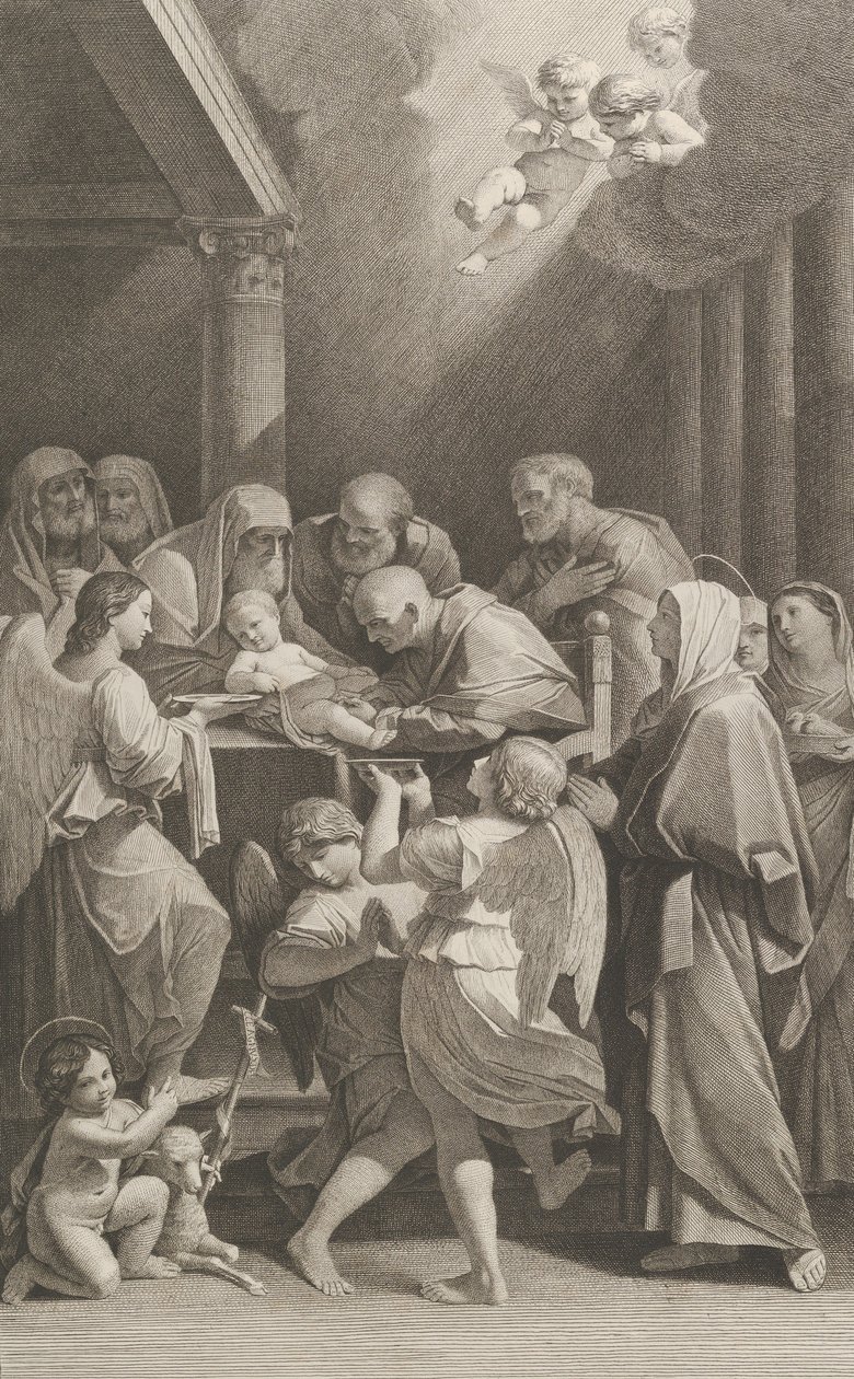 Kristi omskjæring, en gruppe menn, kvinner og engler som omgir ham, den..., ca. 1760-1800. av Giuliano Traballesi