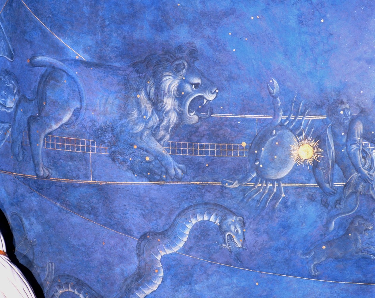 Solens vei gjennom stjernene natt til 4. juli 1442, detalj av Leo, Cancer and the Hydra, fra soffitten over alteret, ca. 1430 (detalj av 85088) av Giuliano dArrighi Pesello