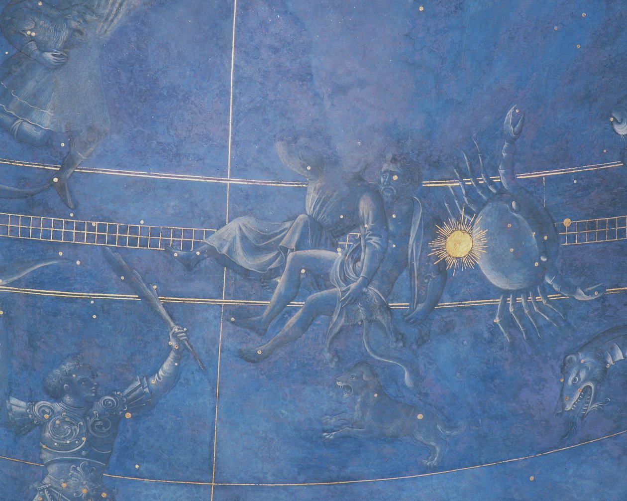 Solens vei gjennom stjernene natten til 4. juli 1442, detalj av Tvillingene og Krepsen, fra soffitten over alteret, ca. 1430 (detalj av 85088) av Giuliano dArrighi Pesello
