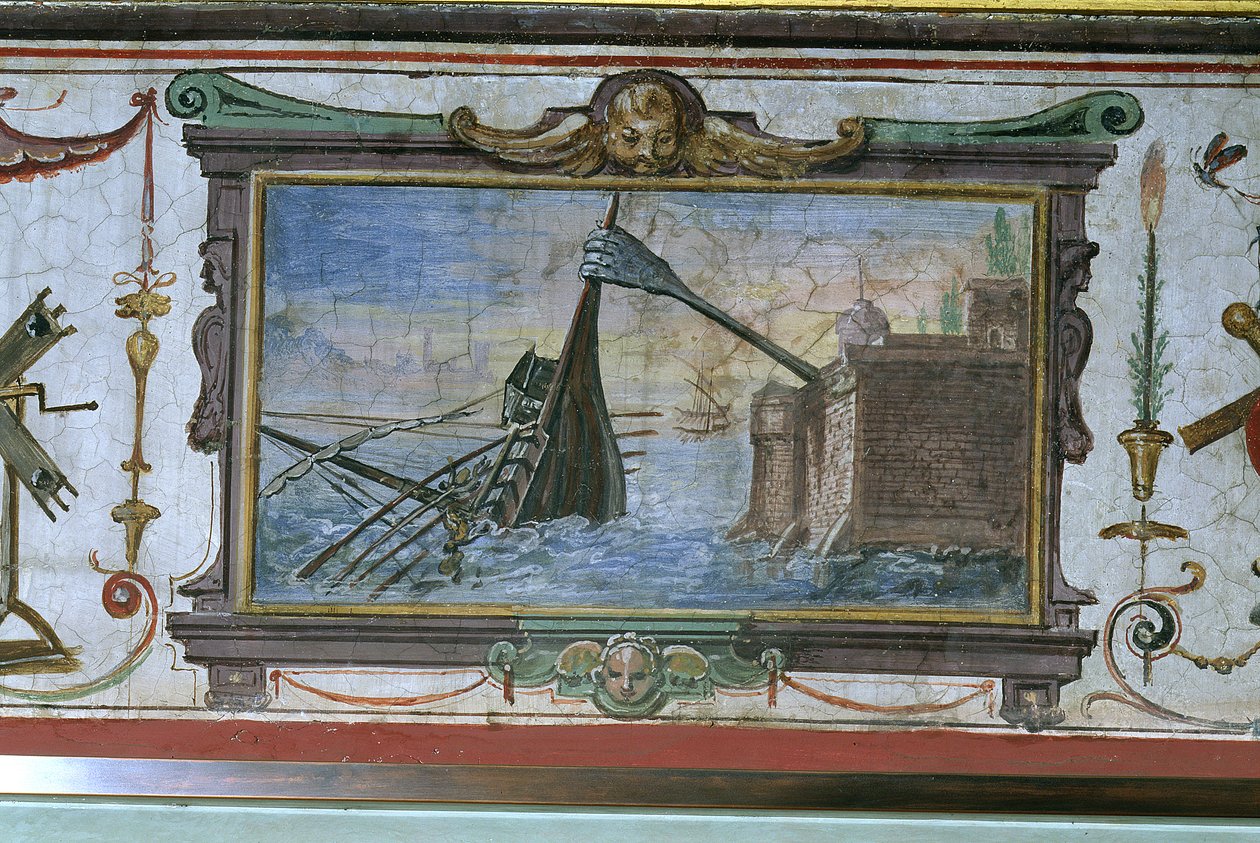En enhet som tillot Arkimedes (ca. 287-12 f.Kr.) å dra et skip på land, Stanza della Mattematica, 1587-1609 av Giulio Parigi
