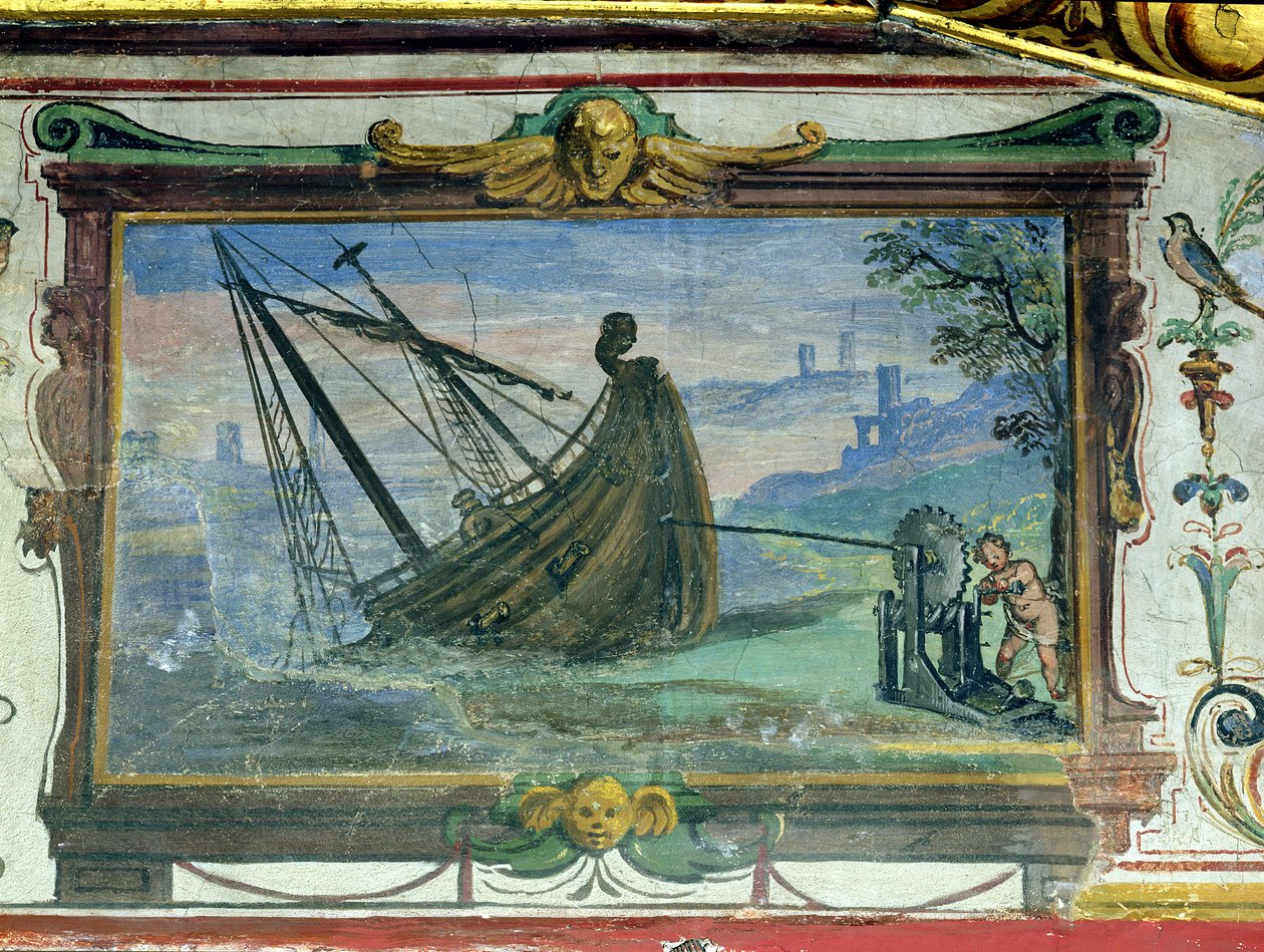 En endeløs skrue som tillot Arkimedes (ca. 287-12 f.Kr.) å dra et skip på land, Stanza della Mattematica, 1587-1609 av Giulio Parigi