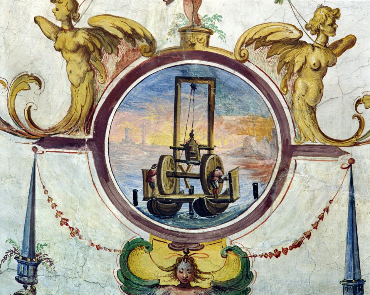 Stor pongtong med en enhet for å skyve staker inn i havbunnen, Stanza della Matematica, 1587-1609 av Giulio Parigi