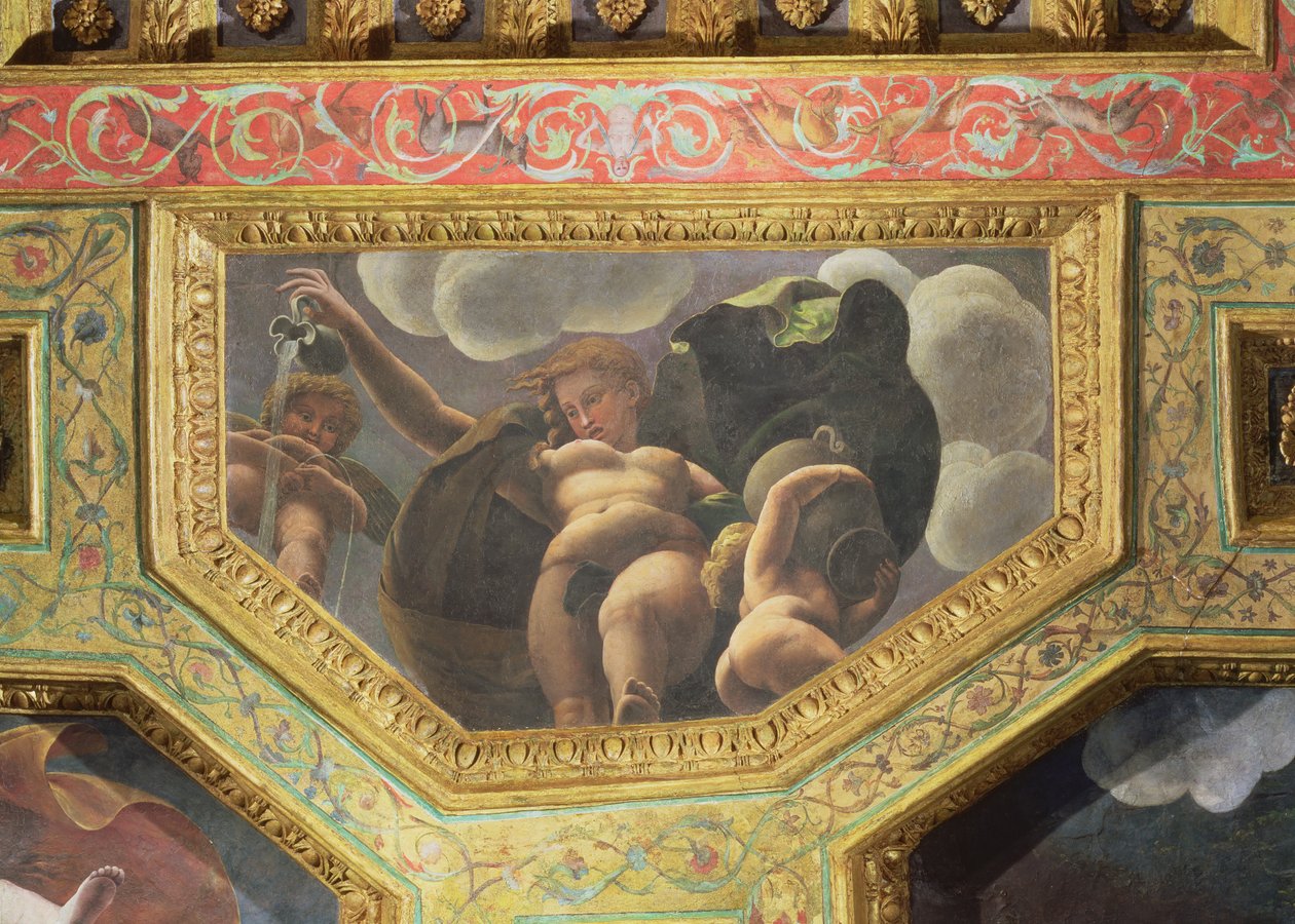 En nymfe som heller vann fra en kanne, en putto som urinerer og en annen putto som holder en urne, takkasse fra Sala di Amore e Psiche, 1528 (olje på stukkatur) av Giulio Romano