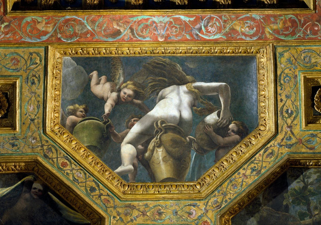 En nymfe som helle vann fra en urne hjulpet av putti, takkasse fra Sala di Amore e Psiche, 1528 (olje på stukkatur) av Giulio Romano
