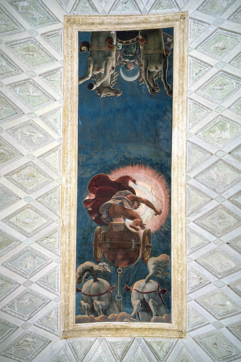 Apollo kjører Solens Vogn, takdekorasjon i Camera del Sole, 1527 av Giulio Romano