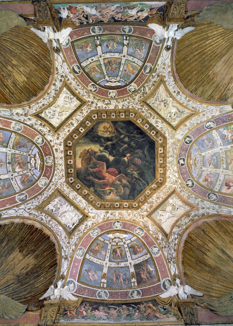 Camera delle Aquile, tak med Icarus fall i sentralpanelet omgitt av stukkaturdekor av putti og lunetter med mytologiske scener, 1528 (fresco og stukkatur) av Giulio Romano