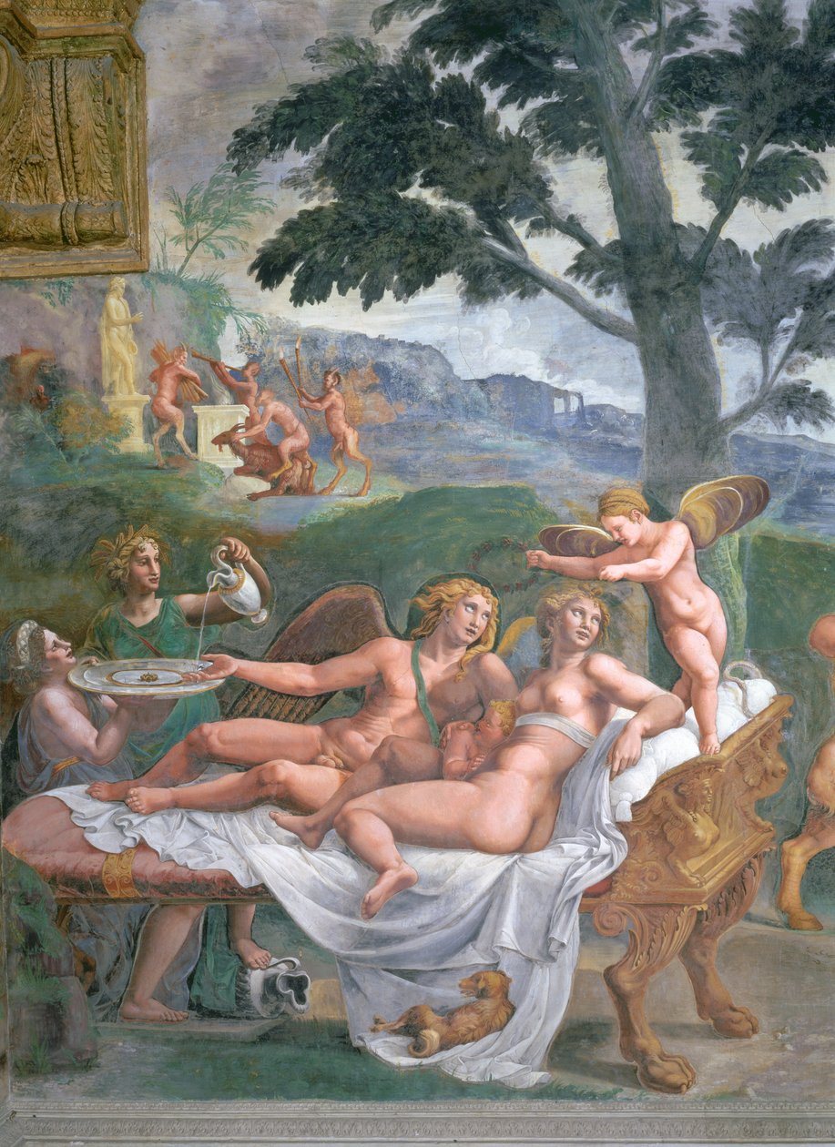 Amor og Psyche med datteren deres Voluptuousness, ventet på av Ceres som heller vann i et basseng holdt av Juno, detalj av den edle banketten, fra Sala di Amore e Psiche, 1528 freskodetalj av 7 av Giulio Romano