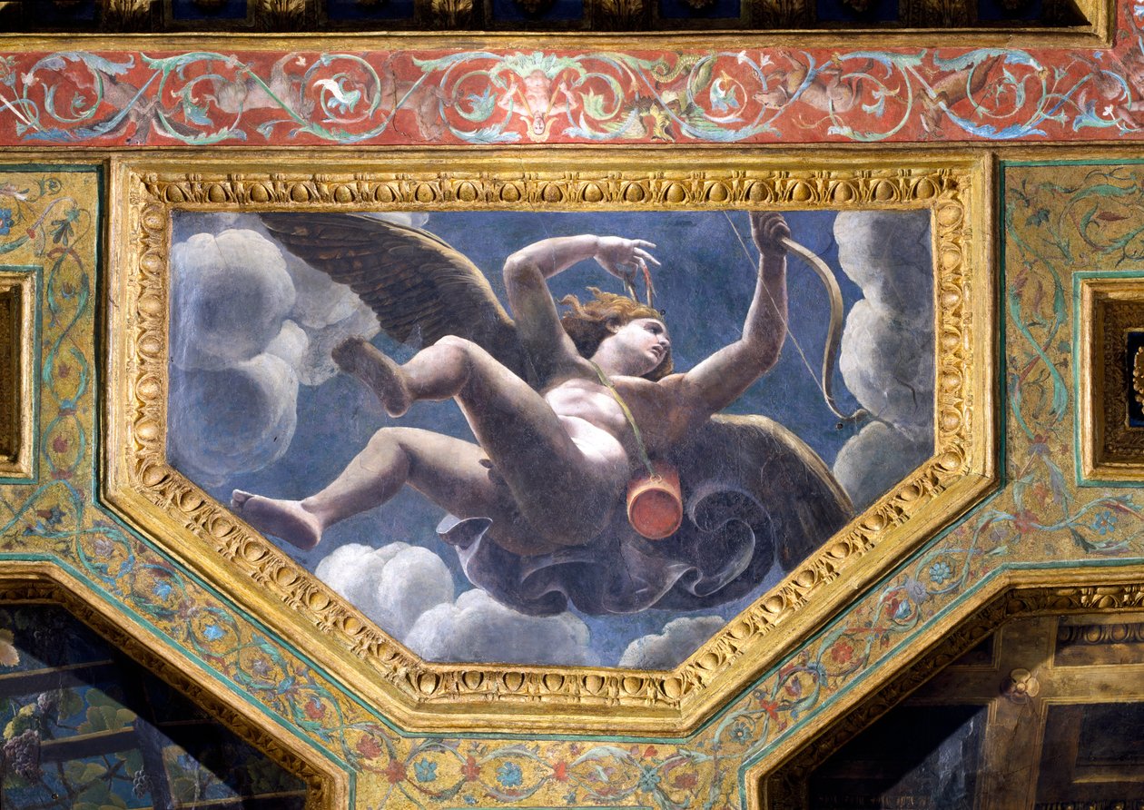 Amor, takkasse fra Sala di Amore e Psyche, 1528 (olje på stukkatur) av Giulio Romano