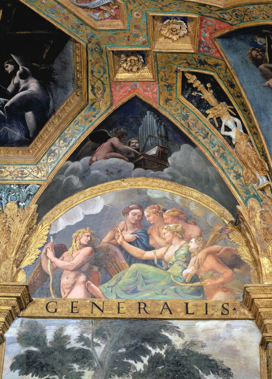 Amor med Venus og Merkur som hun sender for å fange Psyche, lunette fra Sala di Amore e Psiche, 1528 (olje på stukkatur) av Giulio Romano