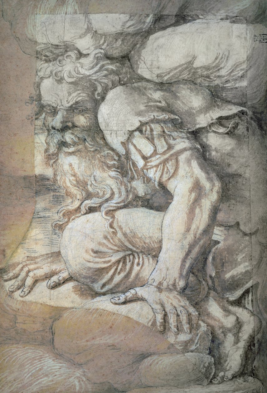 Kjempe, skisse for fresken av gigantenes fall, Palazzo del Te, Mantua, 153132 (penn og vask) (se også 78483) av Giulio Romano