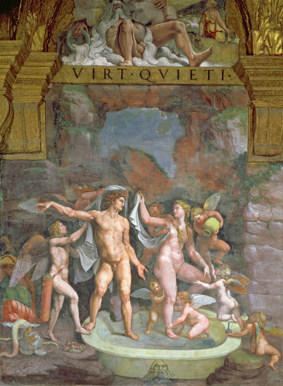 Mars og Venus bader, hjulpet av Cupid og putti fra Hall of Cupid and Psyche, 1528 av Giulio Romano