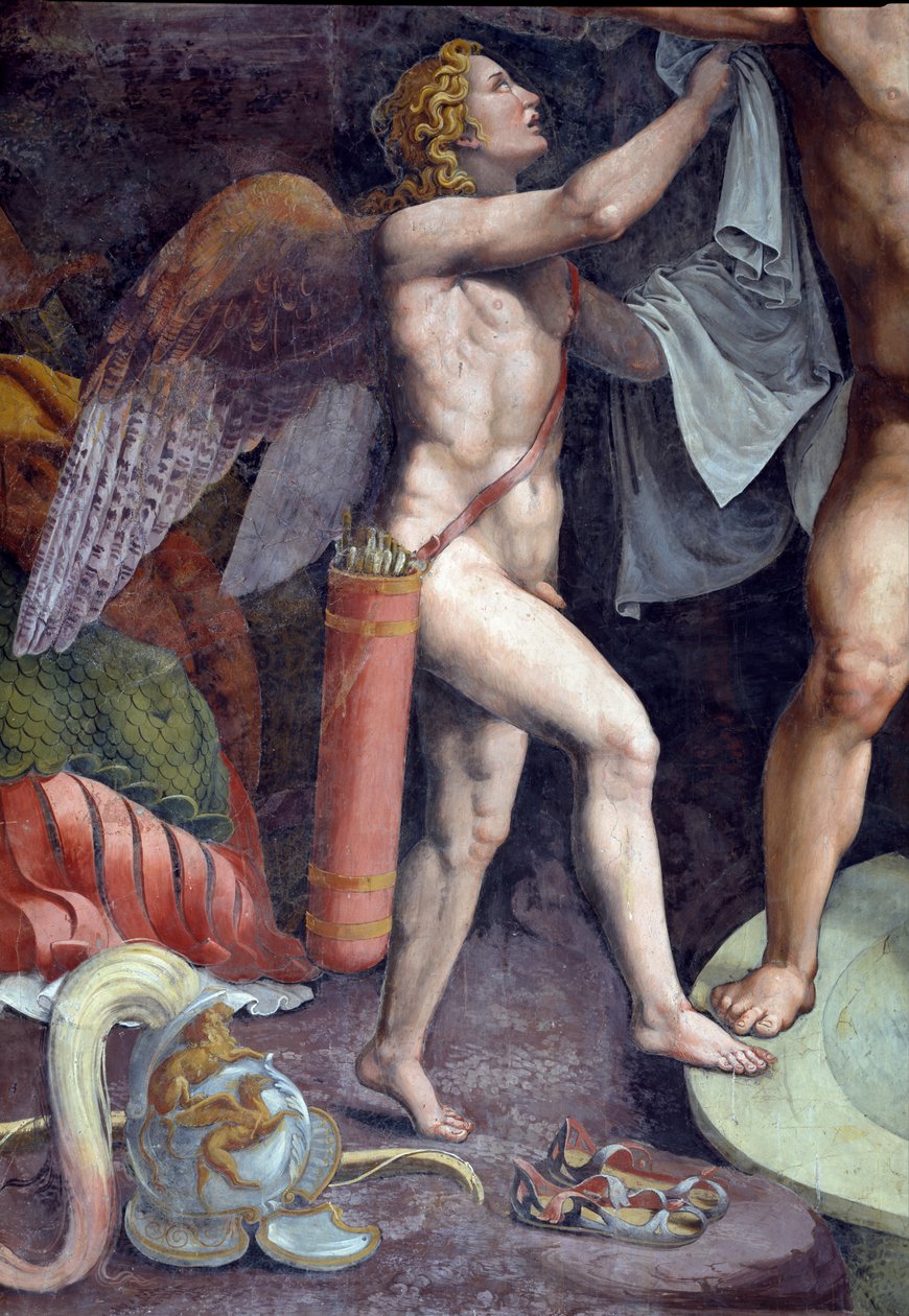 Mars og Venus bader, detalj som viser Cupid som hjelper Mars fra Sala di Amore e Psiche, 1528 freskodetalj av 78435 av Giulio Romano