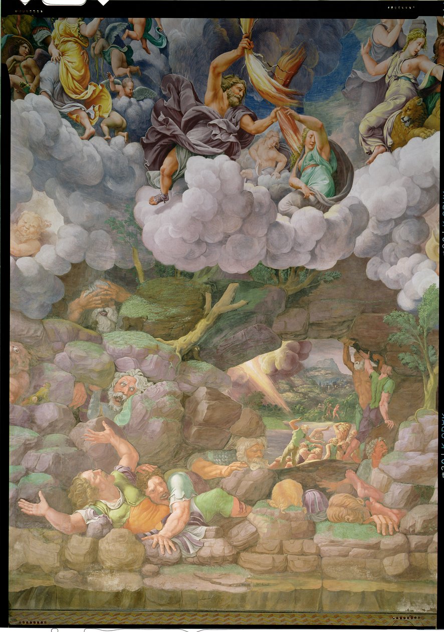 Olympus og Zeus ødelegger de opprørske kjempene, detalj fra en av veggene til Sala dei Giganti, 1530-32 av Giulio Romano
