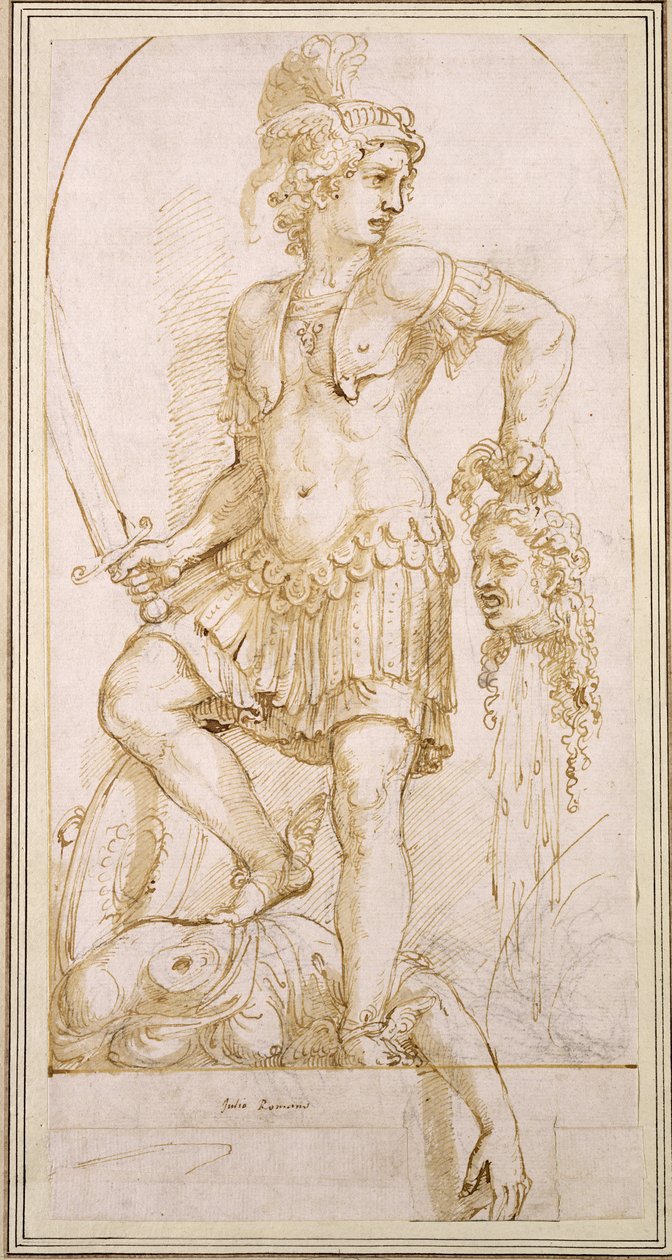Perseus, ca. 1540 (penn og brun blyant med svart kritt på hvitt papir) av Giulio Romano