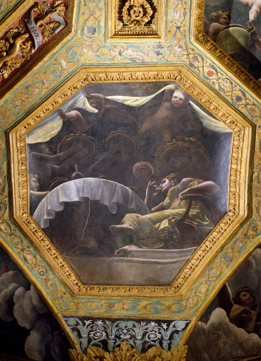 Psyche-spising i huset til Amor, takkasse fra Sala di Amore e Psyche, 1528 (olje på stukkatur) av Giulio Romano