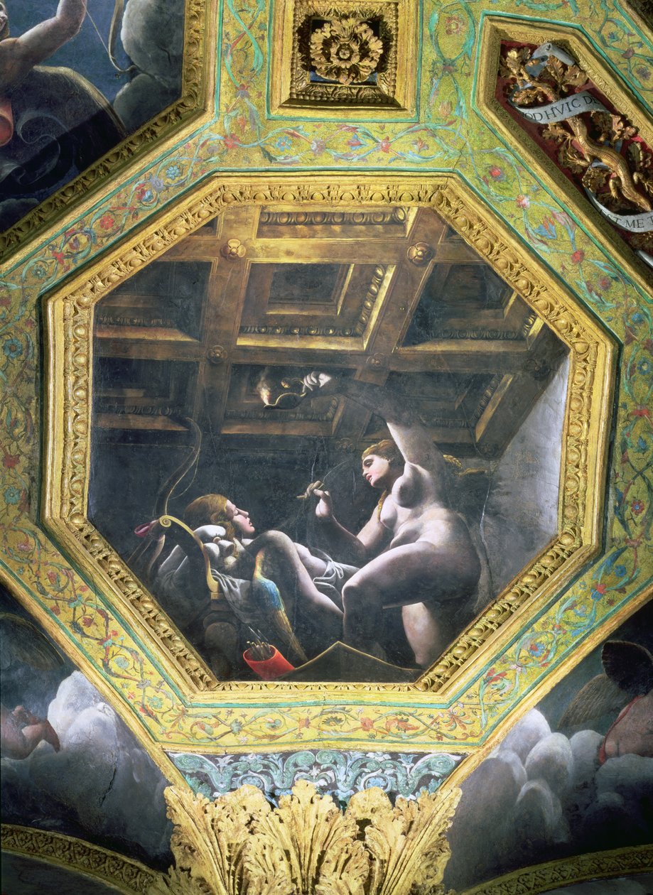 Psyche ser Amor mens han sover, takkasse fra Sala di Amore e Psiche, 1528 (olje på stukkatur) av Giulio Romano