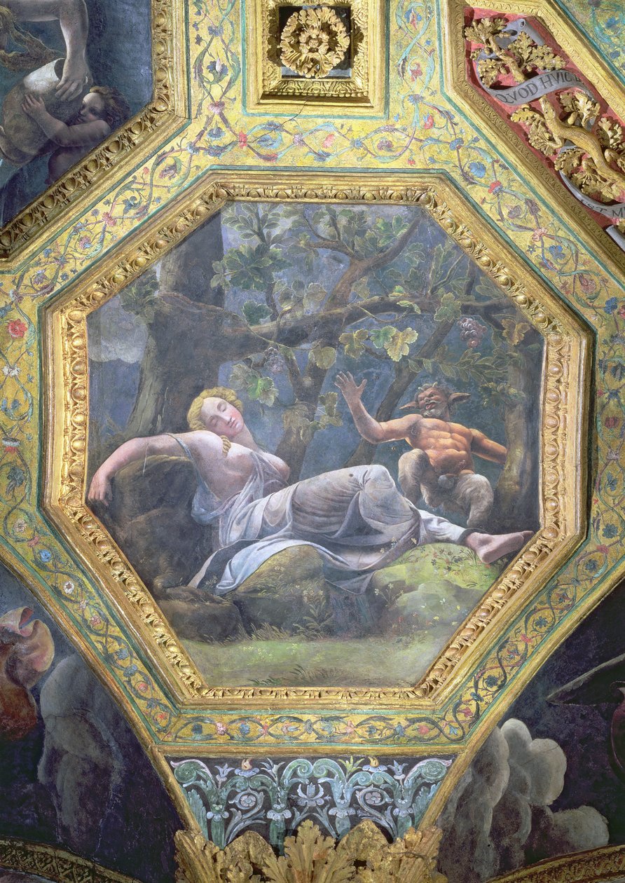 Psyche sover i Amors dal, takkasse fra Sala di Amore e Psiche, 1528 (olje på stukkatur) av Giulio Romano