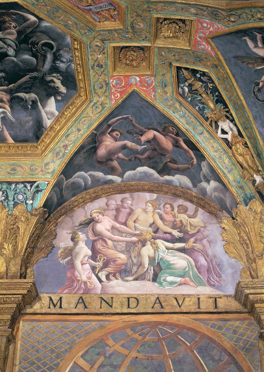 Psyche, gjennomgår en av prøvelsene satt henne av Venus, lunette fra Sala di Amore e Psiche, 1528 (olje på stukkatur) av Giulio Romano