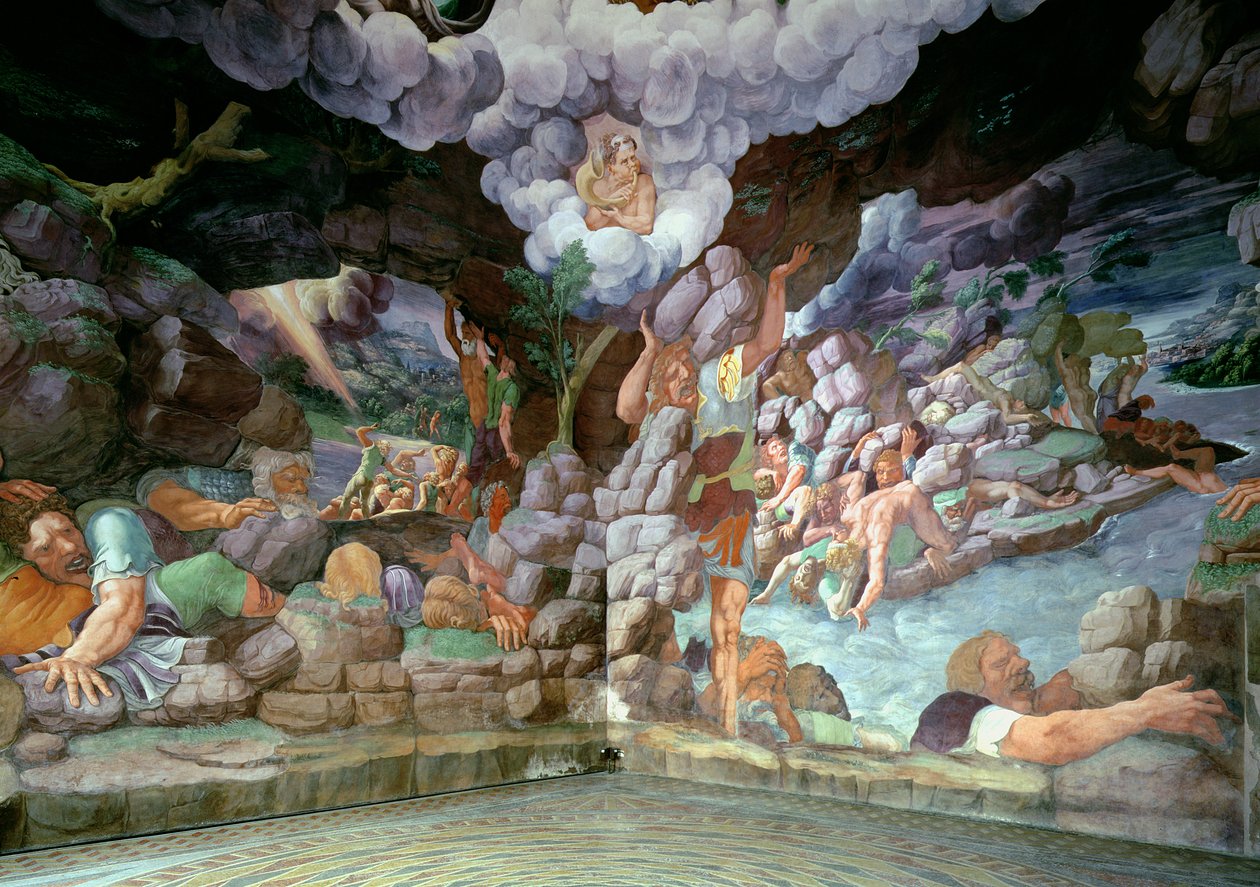 Sala dei Giganti, utsikt over to vegger som viser ødeleggelsen av de opprørske kjempene av Jupiters tordenbolter, 1536 (for detaljer se 78483-86) av Giulio Romano