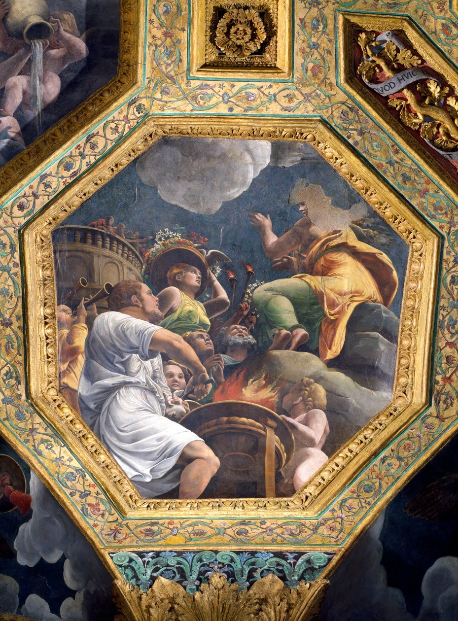 Scene for ofringen av en due, takkasse fra Hall of Cupid and Psyche, 1528 (olje på stukkatur) av Giulio Romano