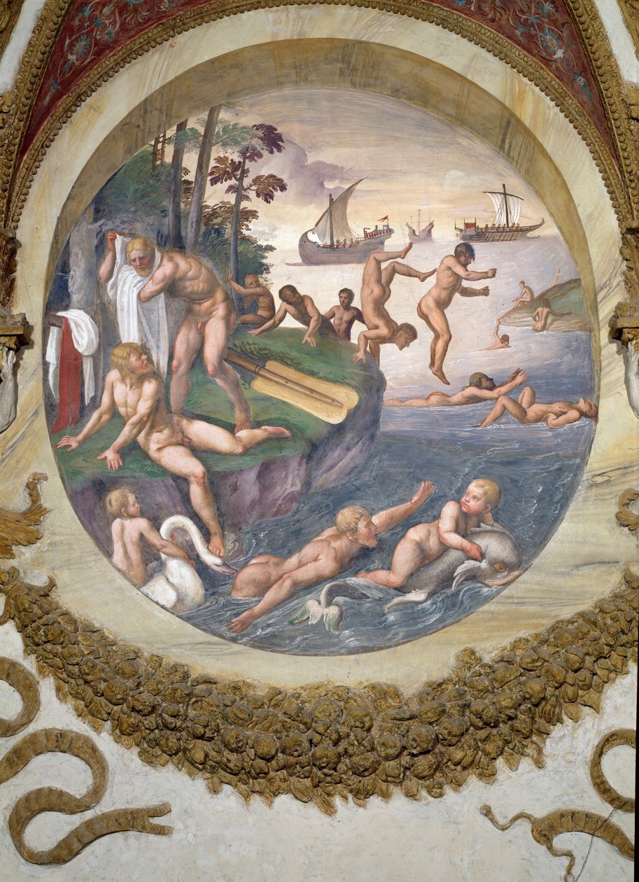 Scene som viser at de som er født under Værens tegn i forbindelse med stjernebildet skipet og delfinen får evner for navigasjon og svømming, symbolisert av skipet og av Giulio Romano