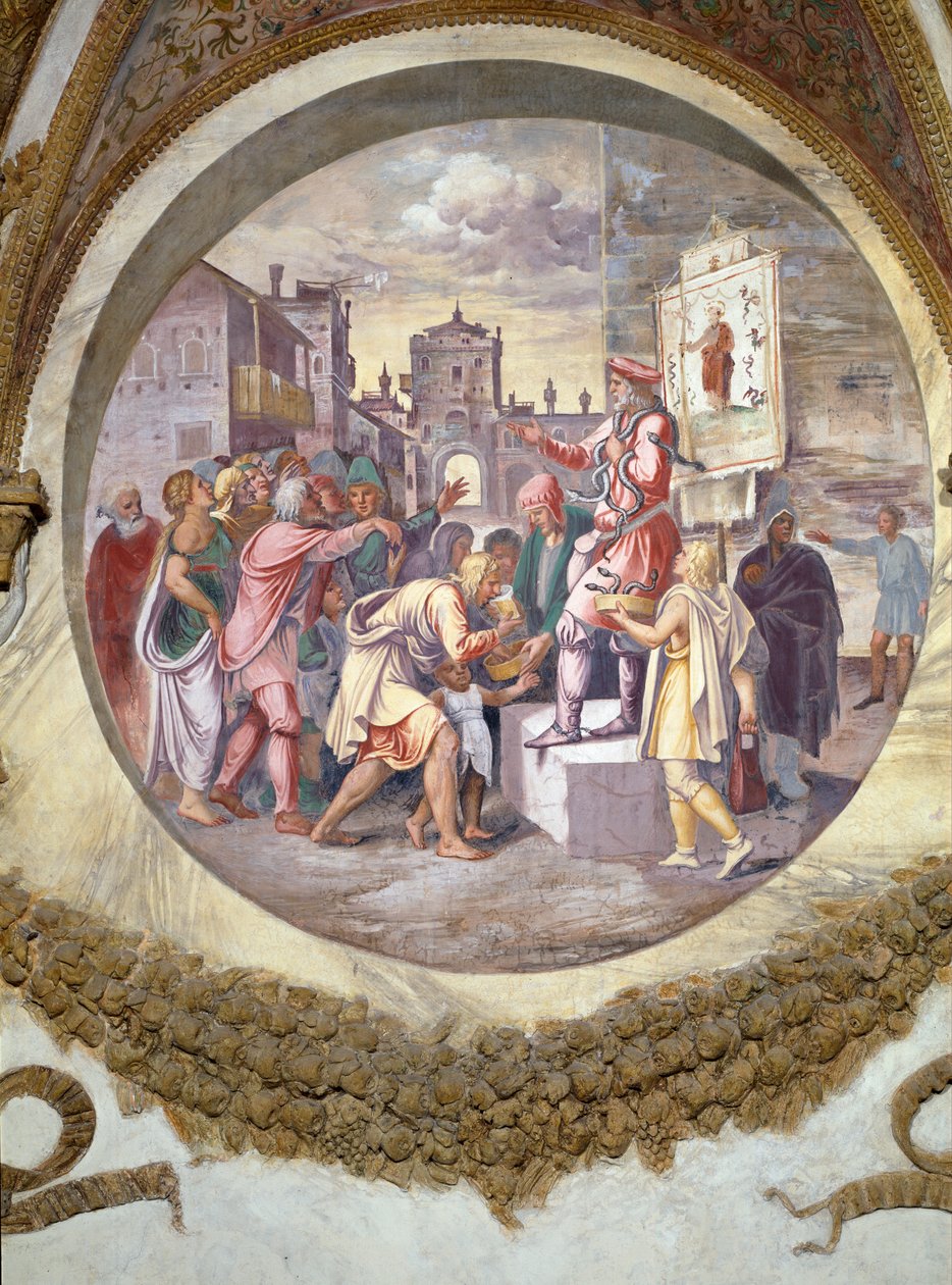 Scene som viser at de som er født under Steinbukkens tegn i forbindelse med stjernebildet Serpentarius eller Ophiucus vil være slangetrollere, symbolisert av en selger av theriac, en motgift igjen av Giulio Romano