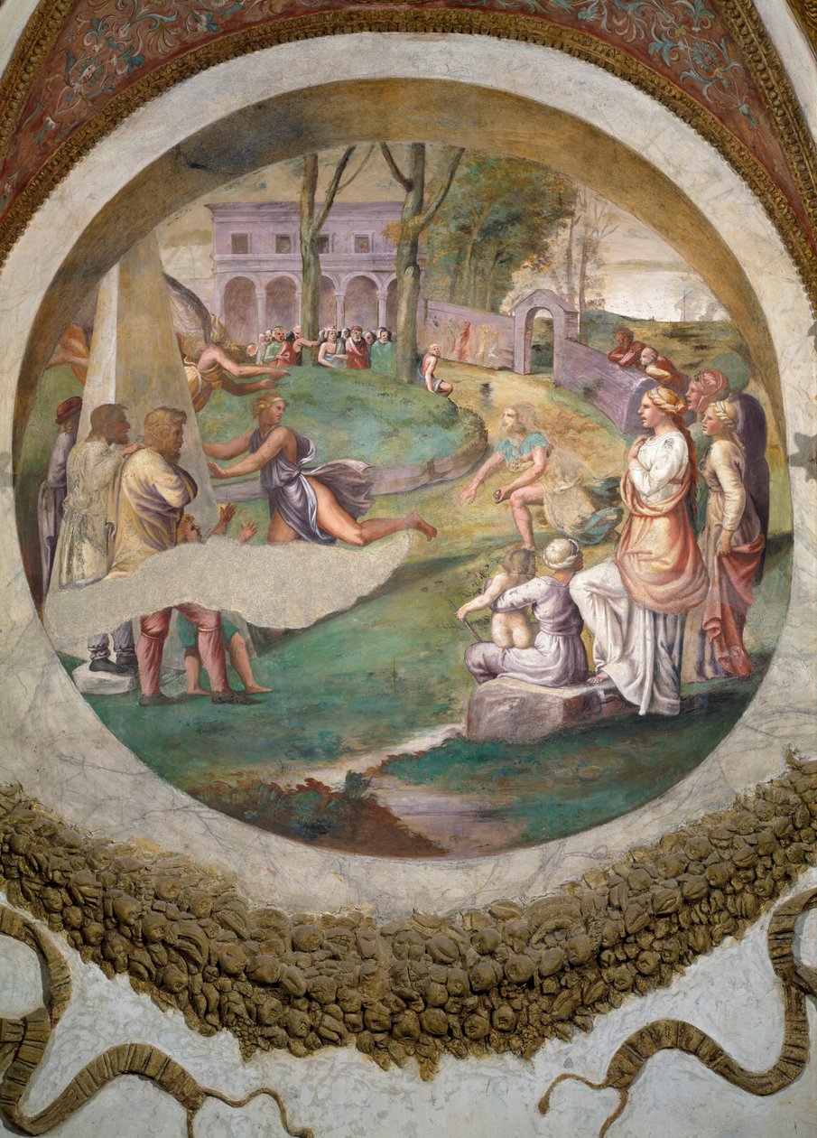 Scene som viser at de som er født under Tvillingenes tegn i forbindelse med harens stjernebilde, har evnen til å løpe fort, symbolisert av løpet mellom Hippomenes og Kl. av Giulio Romano