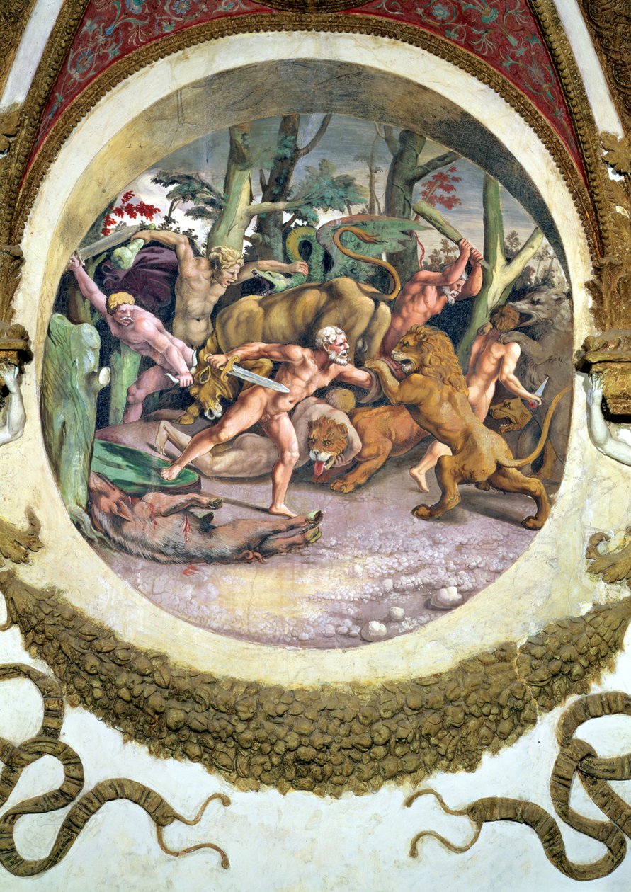 Scene som viser at de som er født under Løvens tegn i forbindelse med stjernebildet Hundestjernen vil møte ville dyr uten frykt, symbolisert av scenen for en kamp mellom menn og bea av Giulio Romano