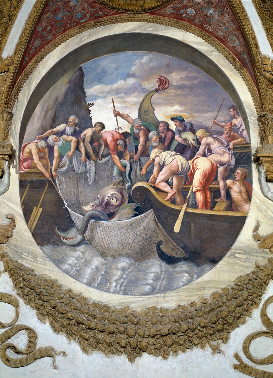 Scene som viser at de som er født under Fiskenes tegn i forbindelse med stjernebildet Belua er flinke til å fiske, symbolisert ved fangst av et sjømonster, fra Camera dei Venti, 1528 av Giulio Romano