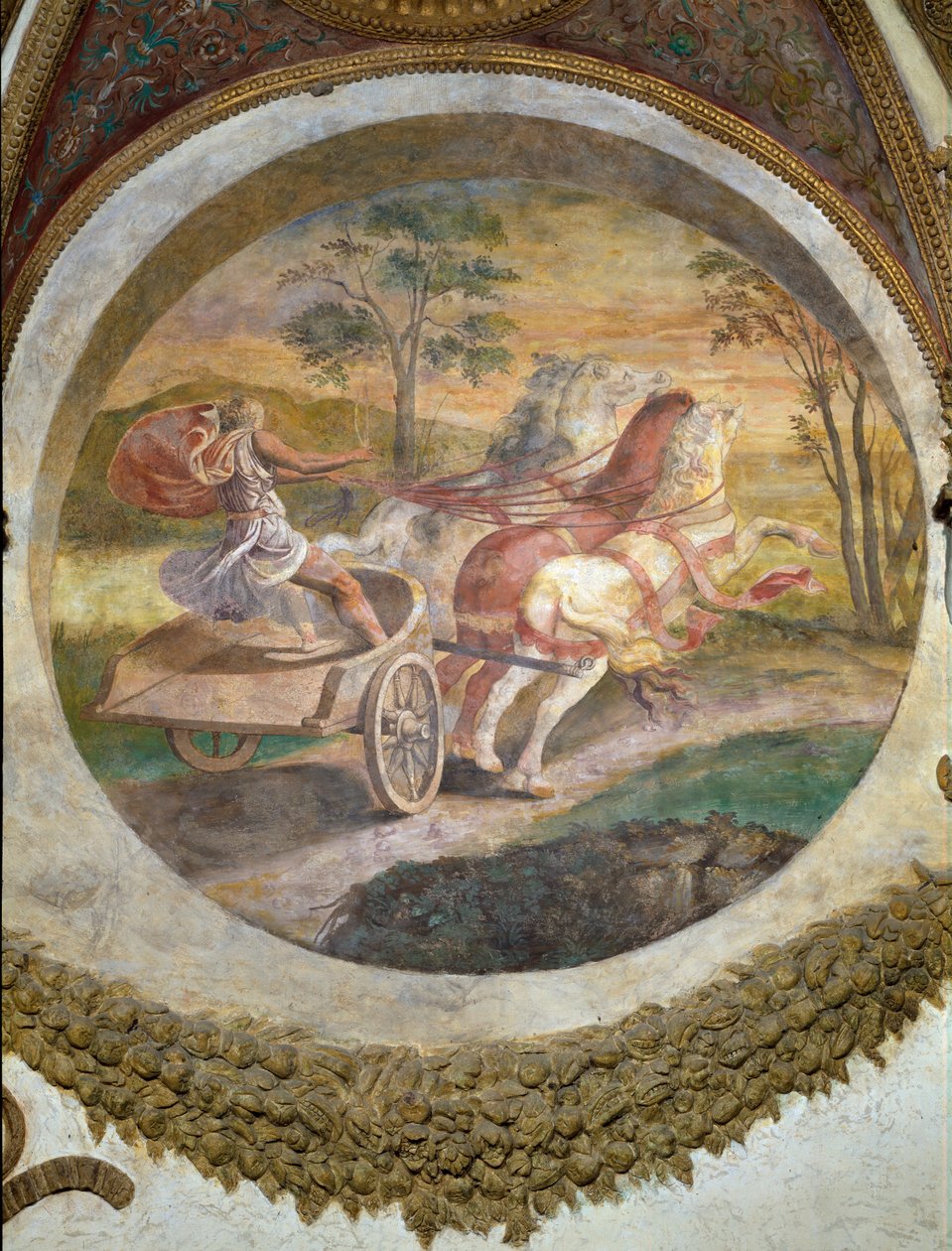 Scene som viser at de som er født under Skorpionens tegn i forbindelse med stjernebildet Kentauren vil være flinke til hestekjøring, symbolisert av en vognfører, fra Camera dei Venti, av Giulio Romano