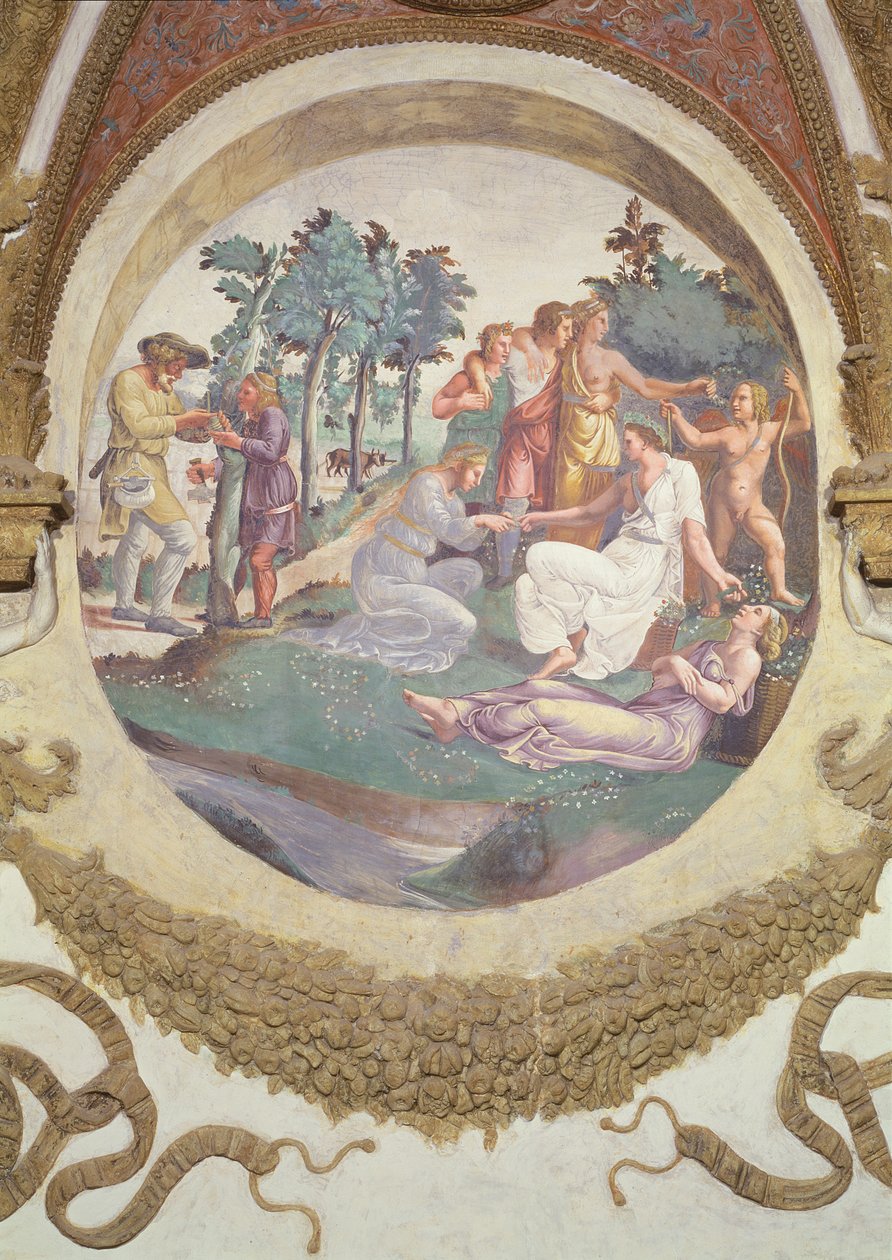 Scene som viser at de som er født under Jomfruens tegn i forbindelse med kronens stjernebilde er skjenket med kjærlighet til blomster og hager, symbolisert av unge mennesker som vever kranser i av Giulio Romano