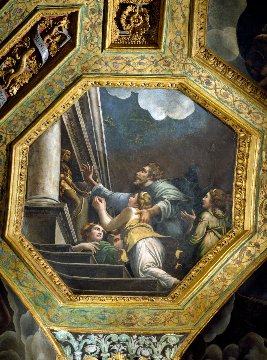 Supplikerende figurer på trappene til et stort palass, takkasse fra Sala di Amore e Psiche, 1528 (olje på stukkatur) av Giulio Romano