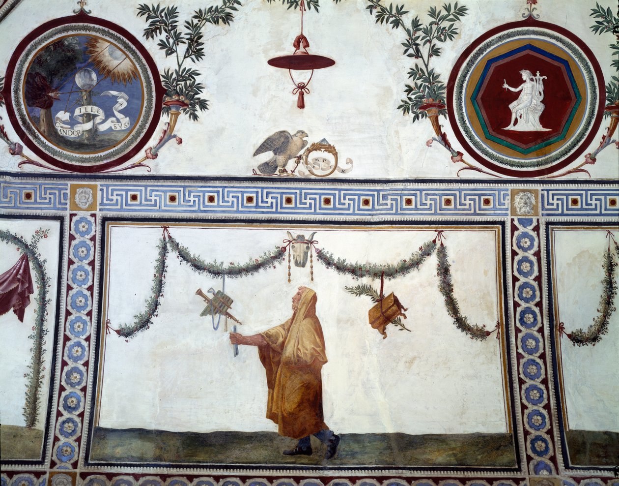 Camera con Fregio di Amorini Chamber of the Cupid Frieze detalj av taket som viser en kledd mann og insignier fra Medici-familien, freskomaleri fra 1520-tallet av Giulio Romano