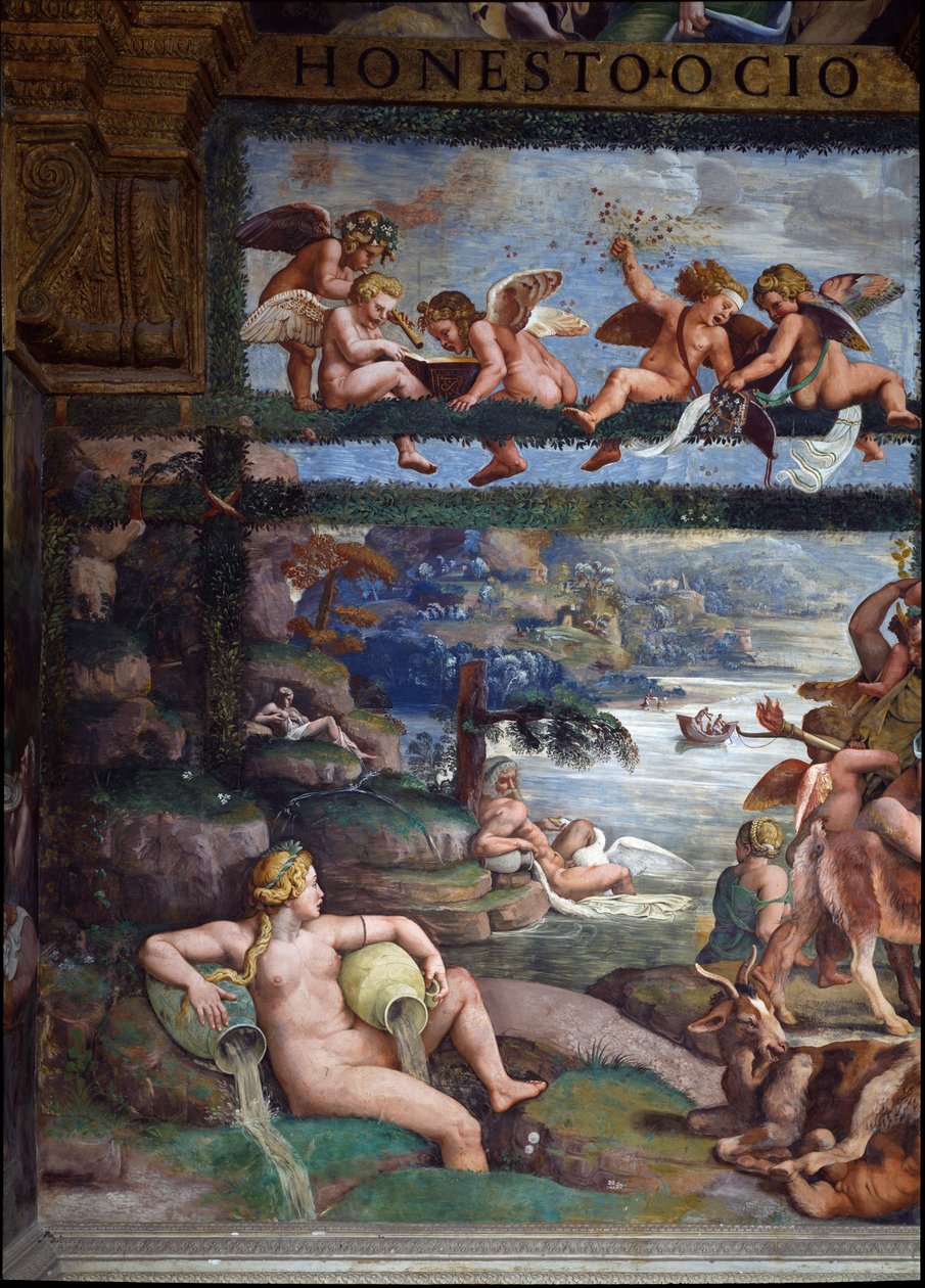 Den rustikke banketten som feirer ekteskapet mellom Amor og Psyche, detalj som viser elveguder og gudinner, østveggen, fra Sala di Amore e Psiche, 1528 freskodetalj av 78427 av Giulio Romano