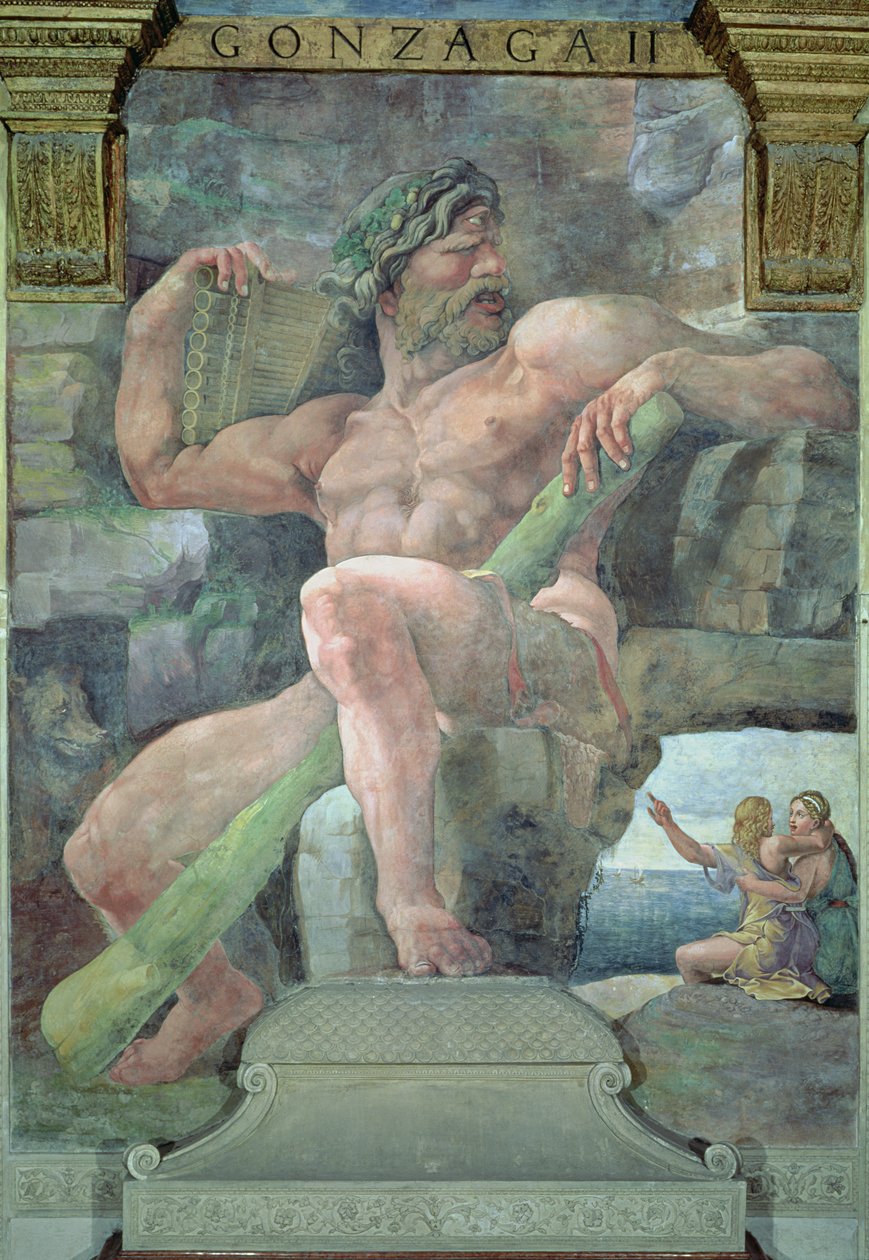 Den gigantiske Polyphemus med Galatea og gjeteren Acis, fra Hall of Cupid and Psyche, 1528 av Giulio Romano