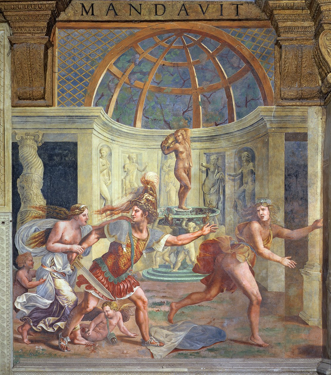 Venus, hvis prikkede fot flekker kronbladene til en roserød, med Mars som forfølger Adonis med et sverd uten slir fra Sala di Amore e Psiche, 1528 av Giulio Romano