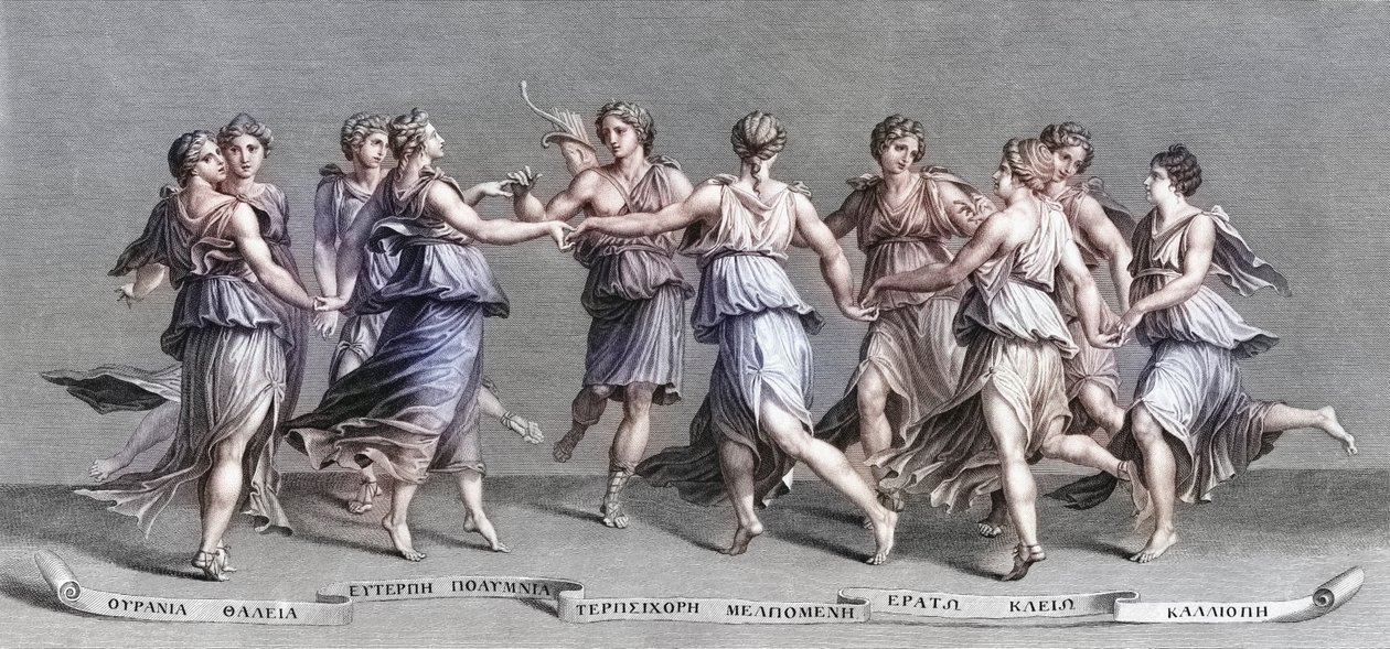 Apollo danser med sine ni olympiske muser. (skrive ut) av Giulio (after) Romano