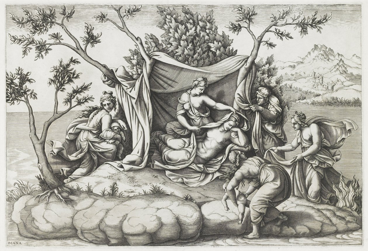 Latona gir fødsel til Apollo og Diana, gravert av Diana Mantovana (f.1535), etter 1575 (gravering) av Giulio (after) Romano