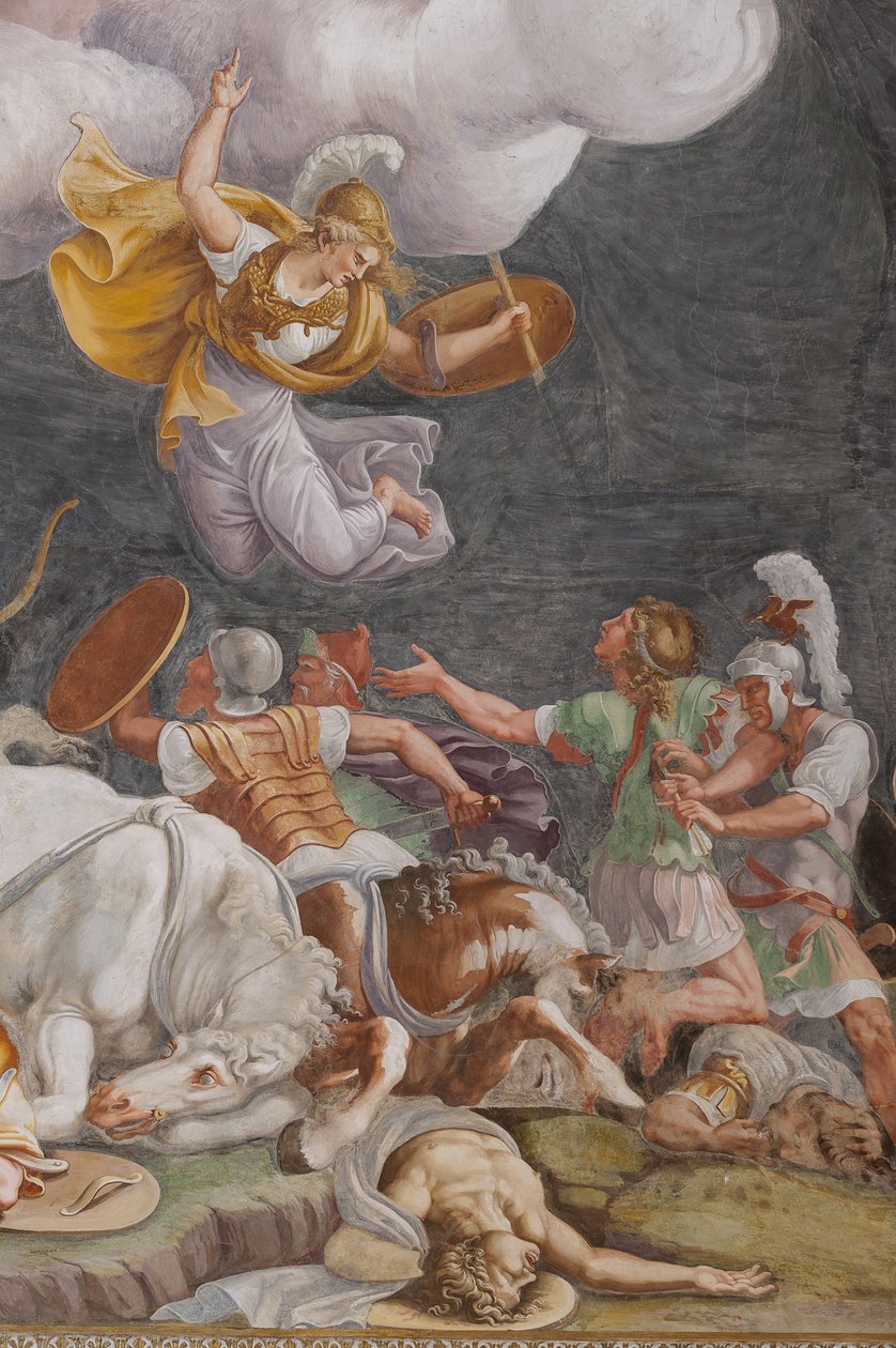 En kamp, detalj, The Trojan Horse, Chamber of Troy (Sala di Troia) av Giulio (and workshop) Romano