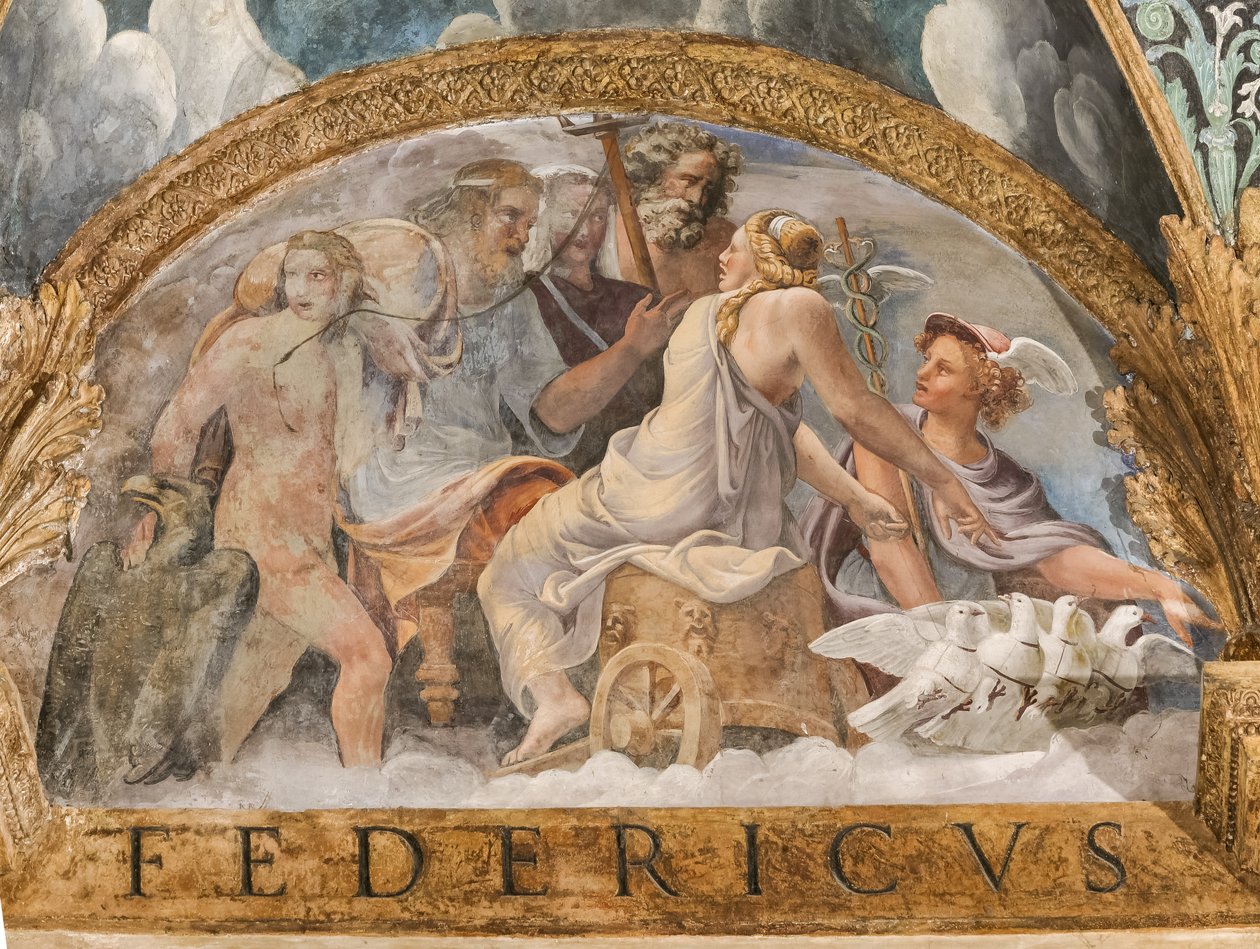 Detalj av hvelvet: lunette som representerer Venus som får Mercurys tilgjengelighet fra Zeus, Chamber of Cupid and Psyche (Sala di Amore e Psiche) av Giulio (and workshop) Romano