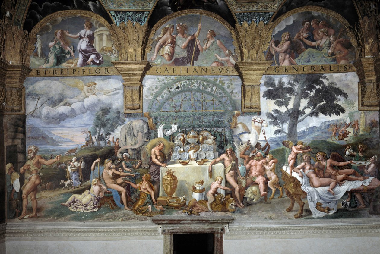 Den edle banketten som feirer Amors og Psyches ekteskap, sørveggen til Room of Cupid og Psyche, ca. 1527-31 (fresco) av Giulio (and workshop) Romano