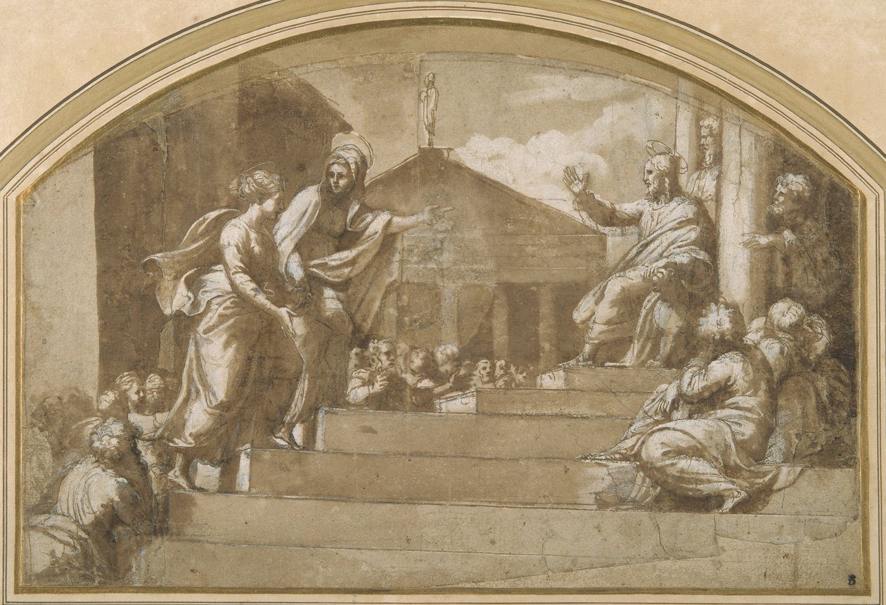Martha som bringer Maria Magdalena til Kristus (penn og blekk på papir) av Giulio (attr. to) Romano