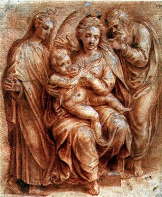 Hellig familie med en jomfrumartyr (rødt kritt forhøyet med hvitt) av Giulio (circle of) Romano