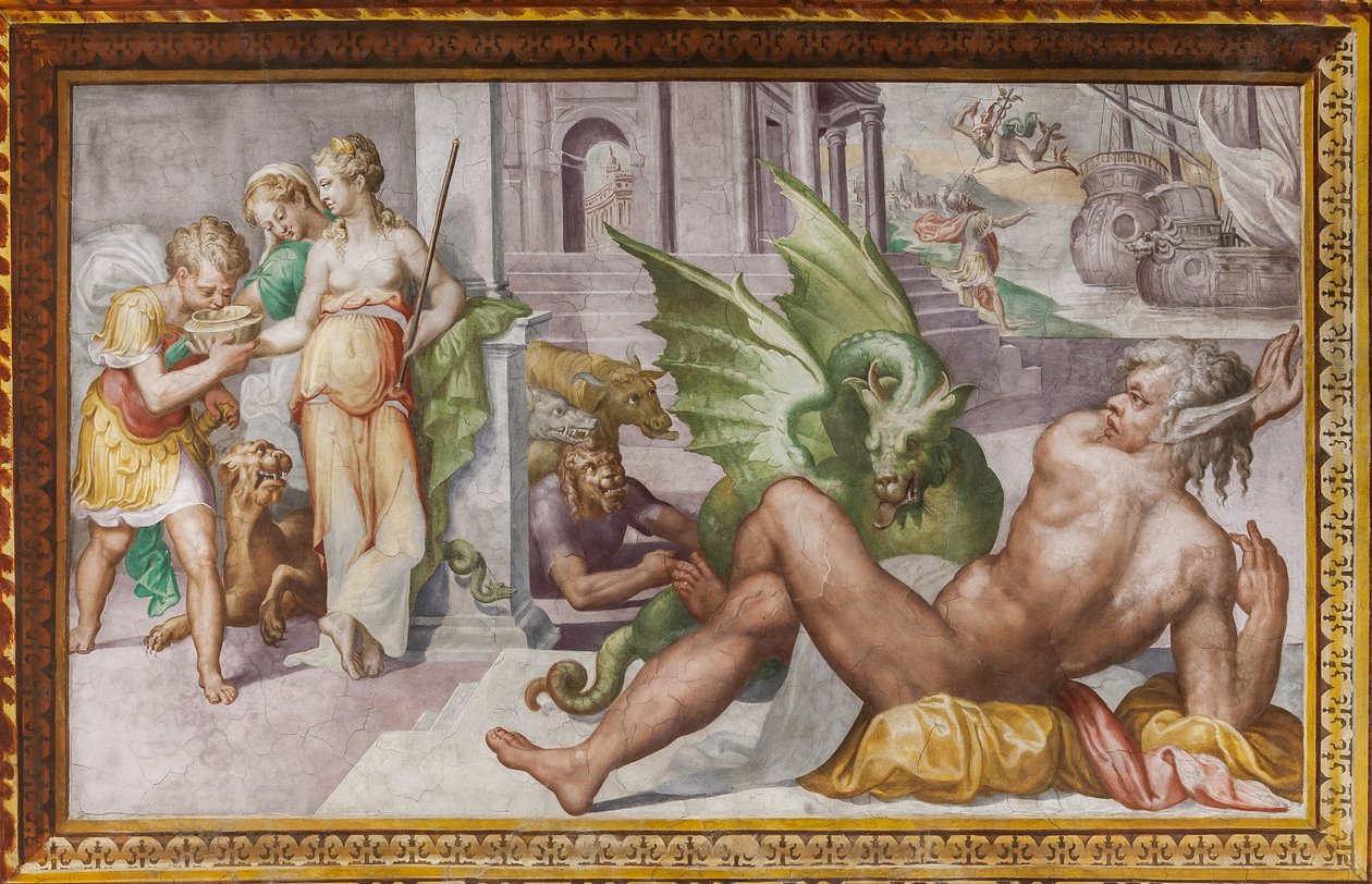 Circe blir til monstre, følgesvennene til Ulysses, fra Hall of Circe, Rocca dei Rossi, San Secondo, Parma, Italia av Giulio (school of) (attr.to) Romano