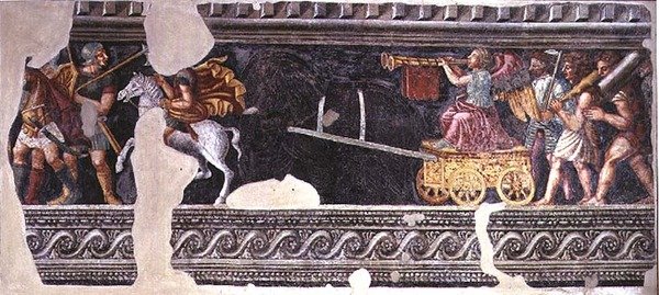Fragment av en scene av en triumf (fresco) av Giulio (school of) Romano